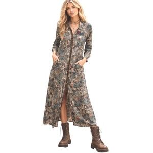 Aratta Silent Journey  Midi Dress Duster Velvet Trim Boho Vintage Vibes M